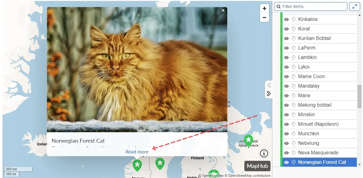 Cat breeds - world map (how to open a description)